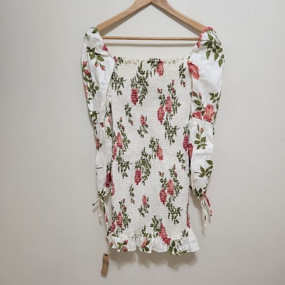 Reformation Linen Dress Hilary Floral Smocked Puff Sleeve Large - Picture 2 of 13